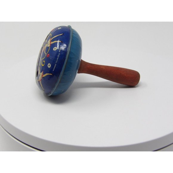 Vintage Blue Metal Noisemaker Rattle Featuring Girls Jumping Rope & Wooden Handl - Picture 4 of 8